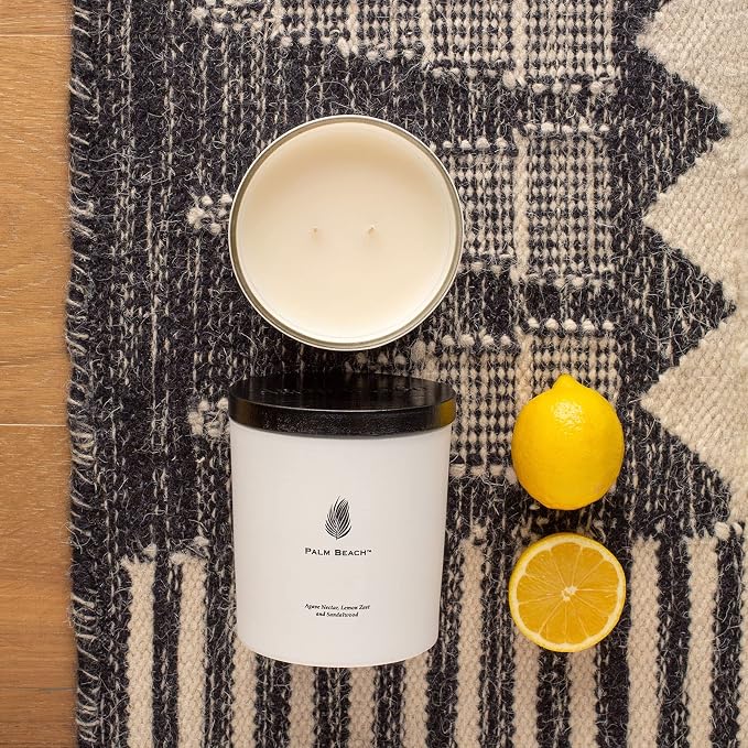 Archipelago Botanicals Palm Beach Luxe Candle, Agave Nectar, Lemon Zest and Sandalwood Scent, Elegant White Glass Jar Candle, Coconut Wax, Double Wicks Burn 100 Hours (13 oz)