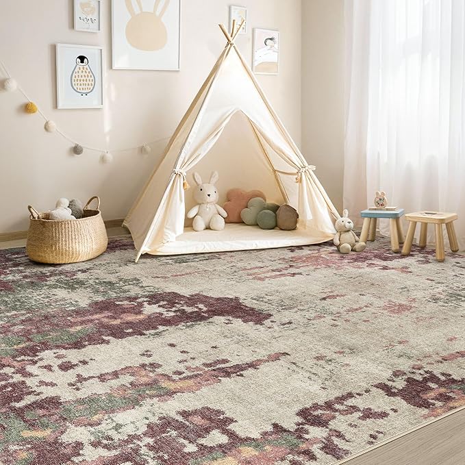 UERMEI 6x9 Area Rug Living Room Rugs - Washable Neutral Modern Abstract Soft Thin Rug Indoor Floor No Slip Rug Carpet for Bedroom Under Dining Table Home Office Decor - Purple/Green/Beige