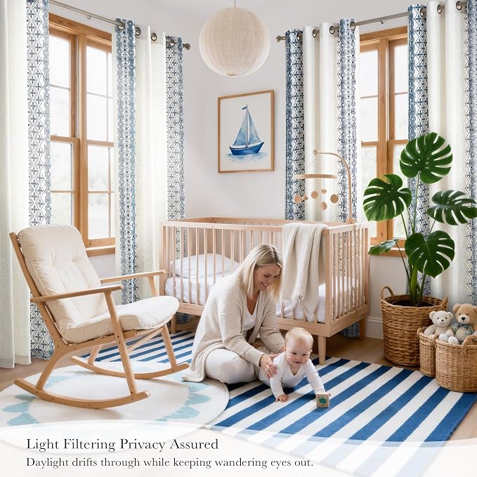 NICETOWN Boho Curtains with Navy Blue Trim 84" Long 2 Panels, Embroidered Cream Linen Textured Geometric Drapes with Antique Bronze Grommets, Light Filtering Window Treatment for Living Room & Nursery
