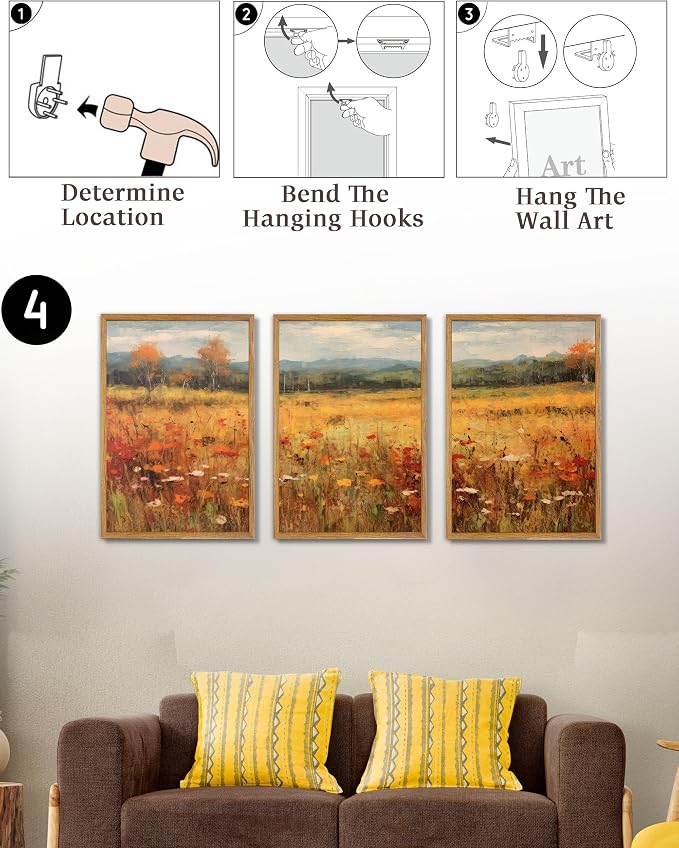 UPWOIGH Autumn Meadow Framed Wall Art, 16 x 24 Inch, Set of 3 | Golden Wildflower Meadow Prints, Warm Autumn Landscape Design, Light Wood Frames for Living Room, Dining Room and Office