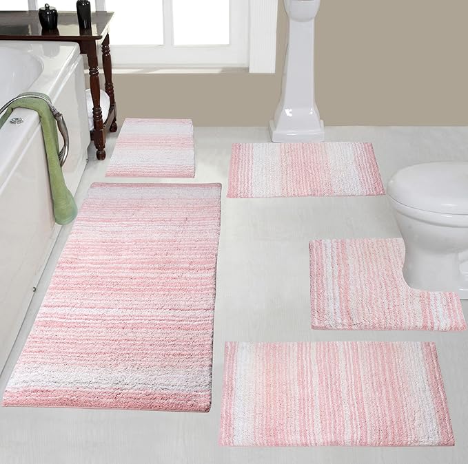 Home Weavers 100% Cotton Gradiation Collection Bathroom Décor | Washable Rug | Bathroom Mat | Kitchen Mat | Bathroom Rug Set | Bath Mat Set | Bath Floor Mat Non Slip, 5 Piece Set with Contour, Pink