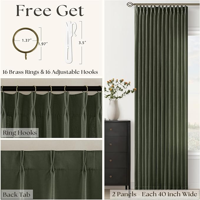 Rifle Green Linen Curtains 102 Inches Long for Living Room Pinch Pleated Draps with Hooks Rings for Traverse Rods Back Tab Semi Sheer Olive Hunter Forest Green Cottage 102 Inch Pleat Curtains 40x102