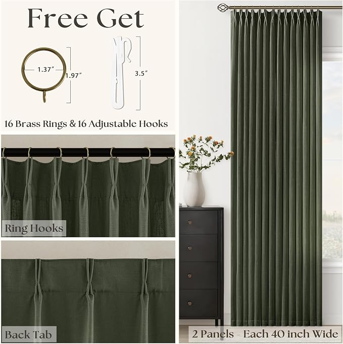 Dark Olive Linen Curtains 90 Inches Long for Living Room Pinch Pleat Drapes with Hooks Rings Back Tab Farmhouse Pinch Pleated Rifle Green Forest Curtain 90 Inch Length for Bedroom Dining