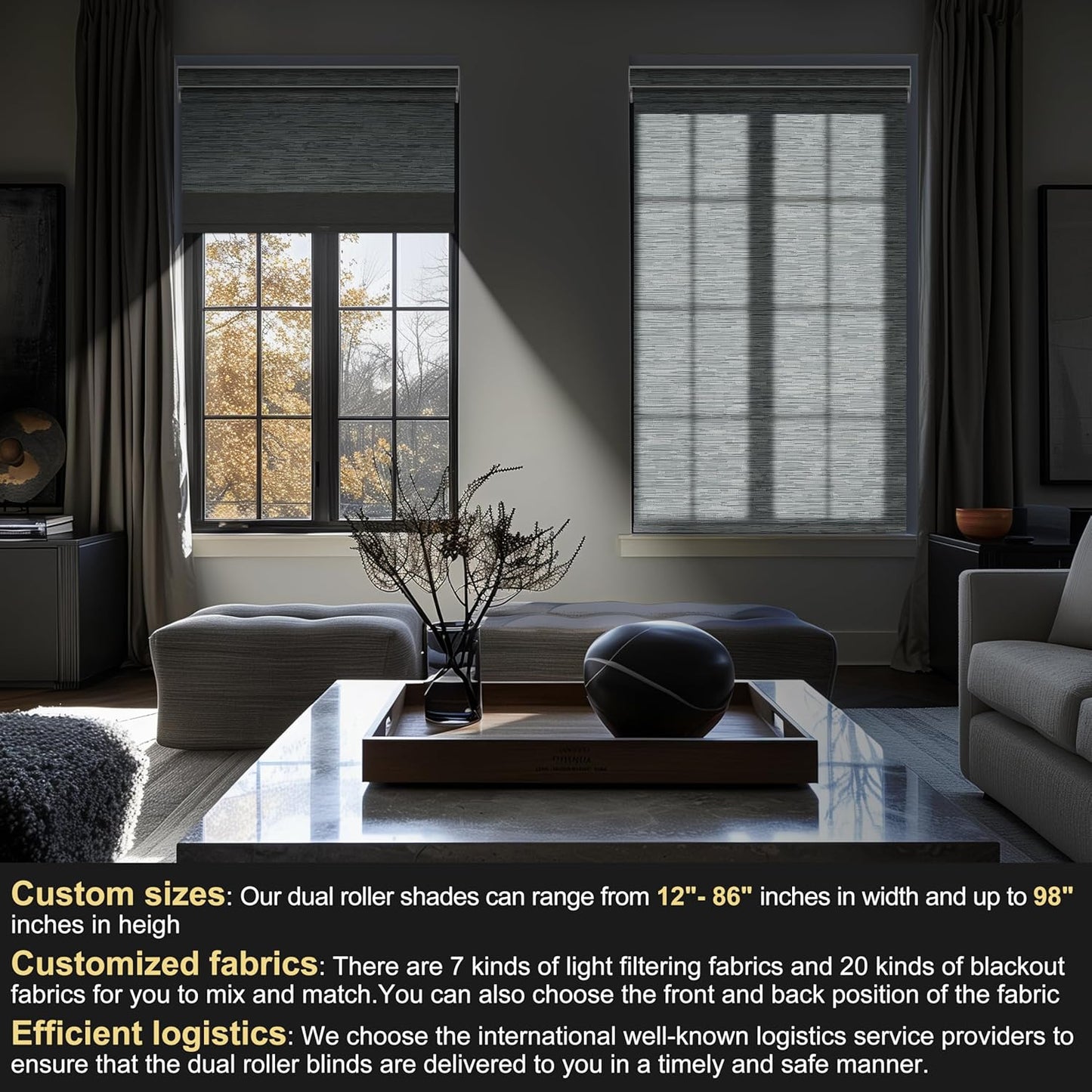 BERISSA Cordless Dual Roller Shades With Cassette Valance, Blackout and Light Filtering, Day and Night for Home Office Door - Striped Jacquard Grey, 32 W x 72" H