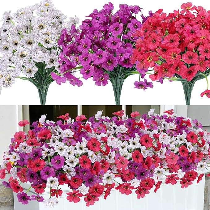 Geegoods Artificial Mums Flowers for Outdoors, 12 Bundles UV Resistant Fake Plastic Colorful Mix Flowers for Patio Porch Spring Summer Decor
