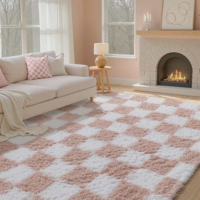 PureCozy 8'x10'+2'x6' Pink Shag Rug Set of 2 with Runner for Living Room Bedroom Home Aesthetic Decor