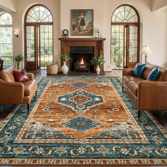 Tangsoo Vintage 5X7 Washable Area Rug, Oriental Indoor Dining Room Rugs for Under Table, Non Slip Machine Washable Large Tumble Rug, Soft Low Pile Foldable Carpet for Bedroom Living Room Orange Blue
