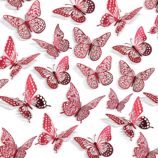 SAOROPEB 3D Butterfly Wall Decor - 48 Pcs, 4 Styles, 3 Sizes - Removable Stickers (Blood Red) for Birthday & Party Celebrations
