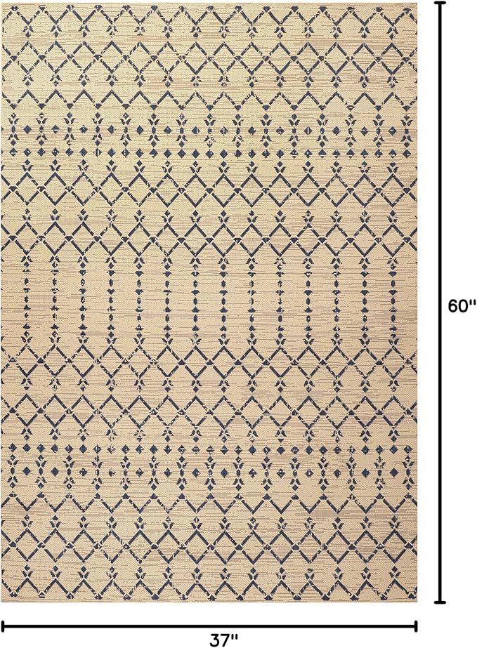 JONATHAN Y Moroccan Geometric Indoor Outdoor Area Rug 3X5 Beige/Navy, Ourika Textured Weave for Backyard, Patio, Porch, Easy-Cleaning, High Traffic, Pet-Friendly, Non-Shedding (SMB108H-3)