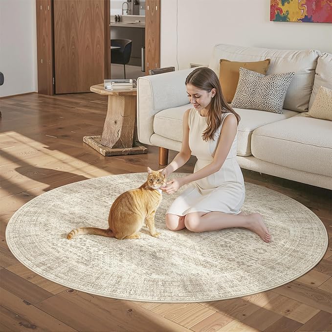 Soalmost 5x5 Beige Round Rug 5ft Living Room Circle Rug Vintage Round Area Rug Non Slip Indoor Carpet for Entryway Dining Room Bedroom
