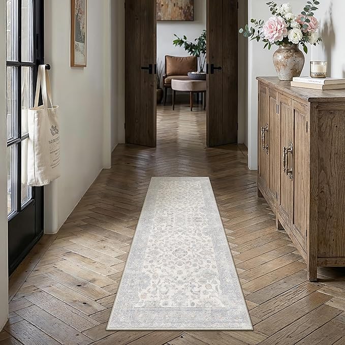 2x6 Blue Washable Runner Rug for Living Room Bedroom Neutral Soft Floral Non Slip Runner Rug Lightweight Vintage Low Pile Distressed Runner Kitchen Hallway Porch Beside Bed Bathroom