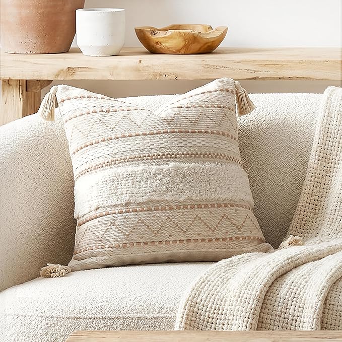 BlissBlush 20X20 Throw Pillow Cover, Cream Neutral Beige Square Decorative Cushion Cover, Boho Accent Pillowcase with Tufted Details and Tassels for Couch Sofa Living Room (Cover Only)