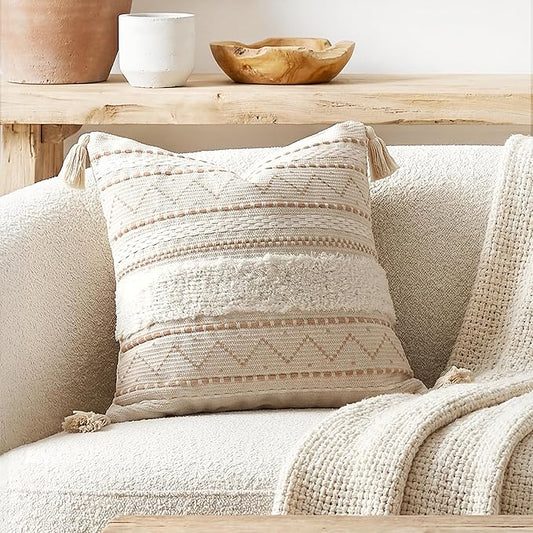 BlissBlush 18X18 Throw Pillow Cover, Cream Neutral Beige Square Decorative Cushion Cover, Boho Accent Pillowcase with Tufted Details and Tassels for Couch Sofa Living Room(Cover Only)