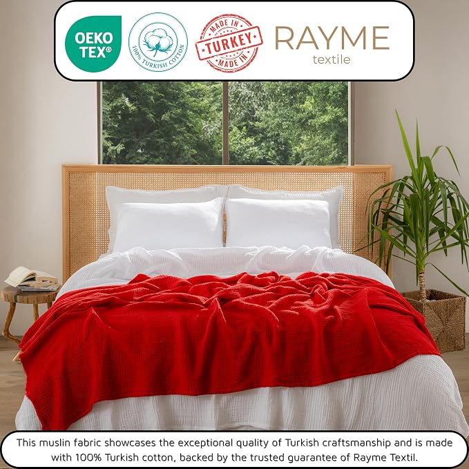Muslin Blanket - Pure 100% Turkish Cotton Airy Soft Light Versatile Gauze Throw Blanket for Bed, Couch, Sofa (Red, King Size (95" x 110" inch))