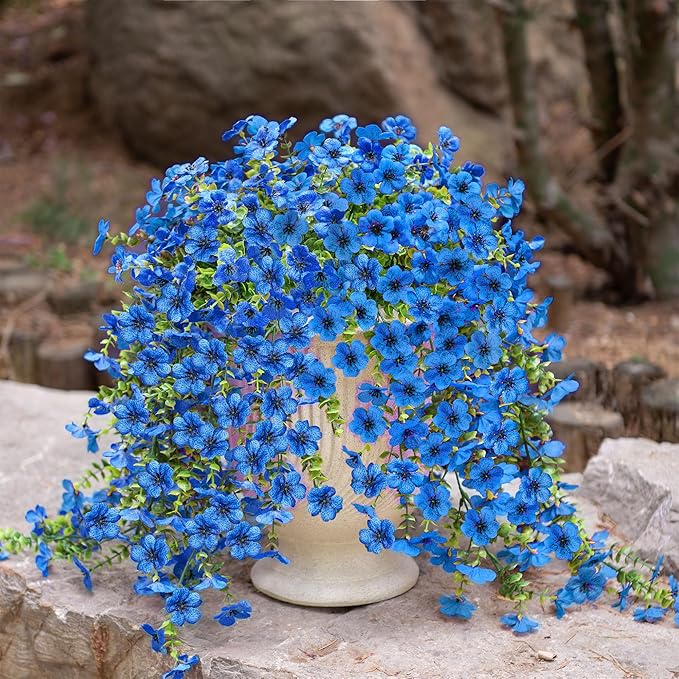 Ammyoo Artificial Hanging Flowers for Outdoors Faux Plants Spring Summer Decoration, 2 Pack Silk Colorful Daisy Realistic Fake Outdoor Flowers UV Resistant Porch Patio Window Yard Decor(Blue)