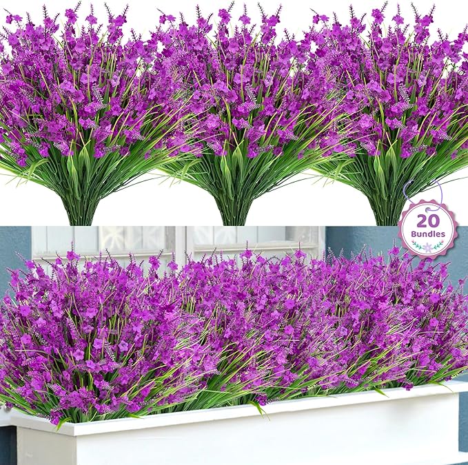 20 Bundles Artificial Lavender Flowers for Outdoors Fake Silk Flowers Faux Plants UV Resistant for Outside Indoor Spring Porch Window Garden Table Box Office Home Decorations, Fuchsia