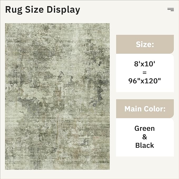 Soalmost Abstract Rug 8x10 Large Living Room Neutral Modern Washable Area Rugs for Bedroom Dining Room Non-Slip Stain Resistant Foldable Thin Green Black