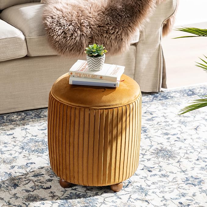 Glitzhome Round Ottoman with Storage, Pleated Velvet Small Foot Stool, Modern Accent Stool Upholstered Vanity Stool with Rubberwood Ball Feet for Bedroom Living Room Dorm Room, Brown