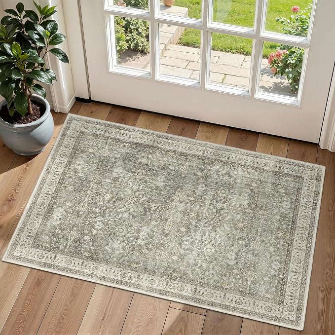 Modern Faromhouse Neutral Entryway Rug 2x3, Washable Non Slip Kitchen Bathroom Rugs, Transitional Small Rug for Bedroom Soft French, Low Pile Thin Door Mat Indoor Entrance, Gray/Beige/Olive
