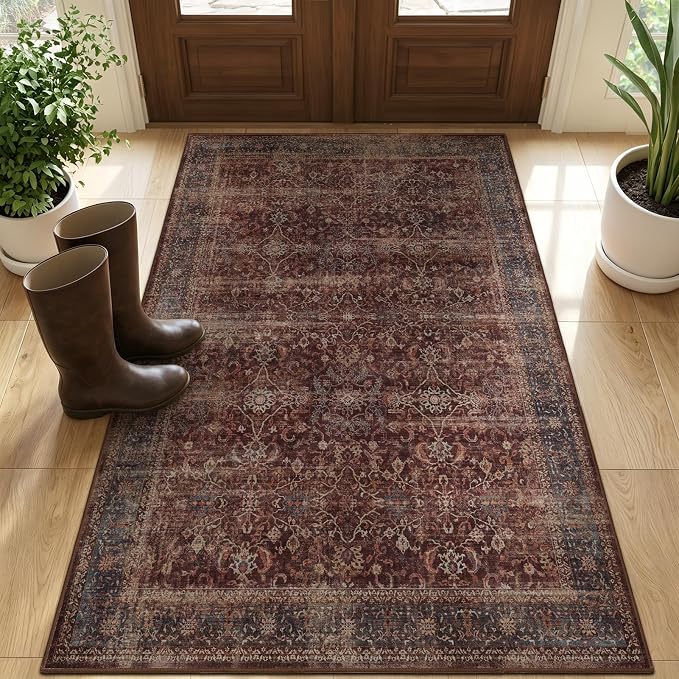 Vintage Red 3x5 Entryway Rug Indoor Foyer, Earth Tone Farmhouse Throw Rug for Kitchen Bathroom, Machine Washable Non Slip Thin Area Rug for Nursery/Bedroom Bedside/Home Office/Dorm, Brick Red
