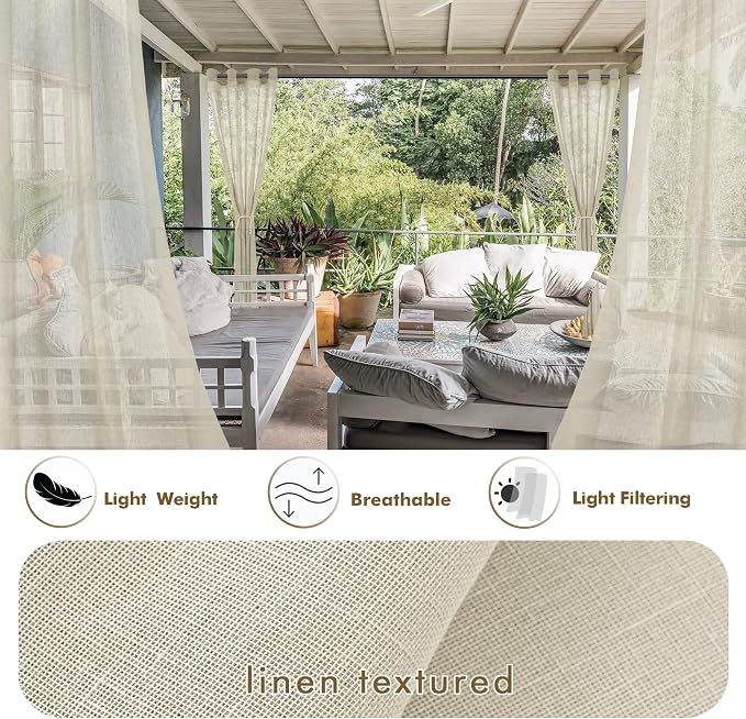 HolidayIdeas 4 Panels Outdoor Curtains for Patio-Natural Linen Semi Sheer Curtains for Patio Waterproof, Privacy Sun Light Indoor Outside Drapes for Gazebo, Pergola, Balcony, Pool, Backyard 54x95 Inch