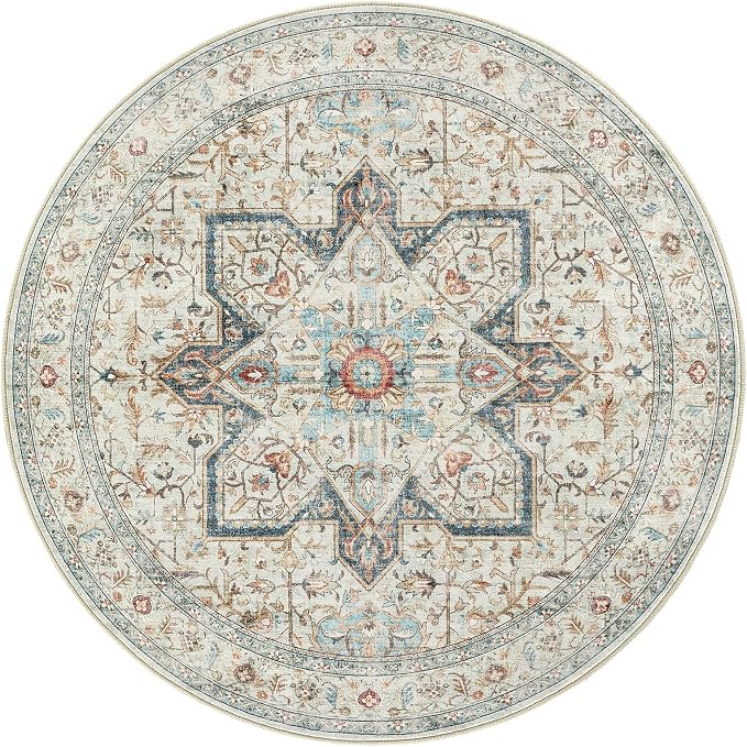 Tortania 10' Round Area Rug Living Room Rugs - Washable Boho Rug Vintage Oriental Distressed Farmhouse Large Thin Indoor Carpet for Bedroom Under Dining Table Home Office - Aqua Multi