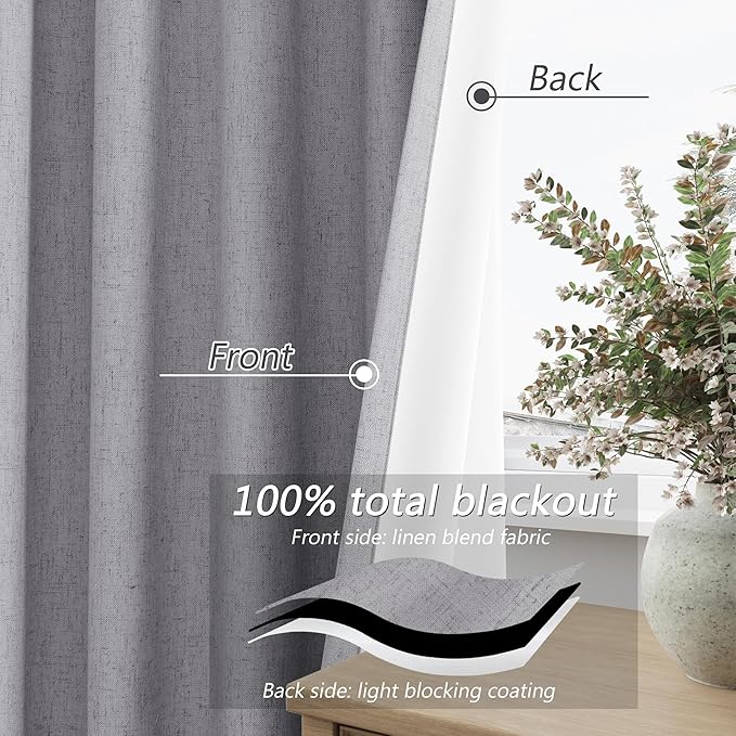 Guken Grey 100% Blackout Curtains 72 Inch Length 2 Panels Set for Living Room Bedroom Back Tab Thermal Insulated Black Out Linen Drapes Room Darkening Window Curtains 72 Inches Long
