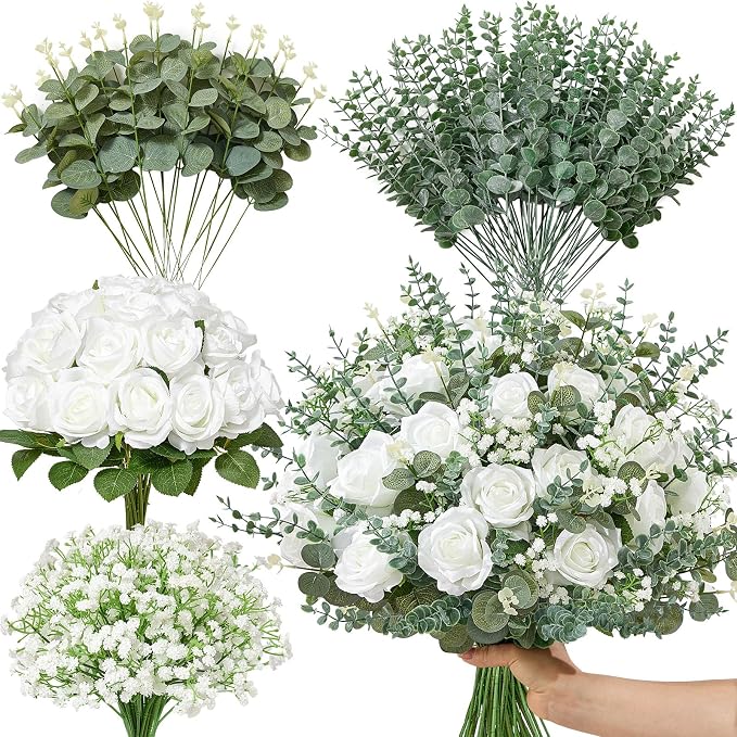 Serwalin 120 Pcs Mixed Eucalyptus Greenery Stems, White Silk Roses and Babys Breath Artificial Flowers for DIY Wedding Bouquets Home Party Arrangement Floral Vase Decor