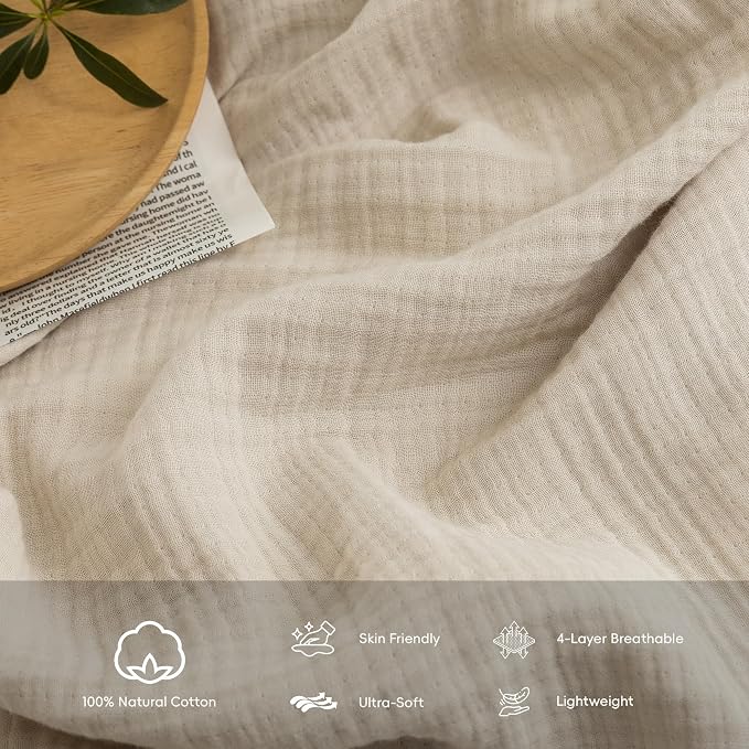 FOSSA Muslin Blanket: 4-Layer 100% Cotton Gauze Blanket with Fringe 98"x98" | Super Soft Breathable Lightweight All Season & Decorative Blanket or Bed, Sofa, Office (Beige, Oversize Queen)