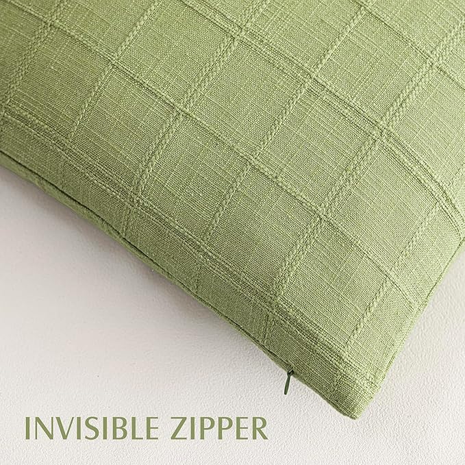 Foindtower Set of 2 Decorative Linen Check Throw Pillow Covers Neutral Farmhouse Vintage Cushion Covers Modern Boho Accent Home Decor for Sofa Chair Couch Bedroom Living Room,24×24 Inch,Light Green
