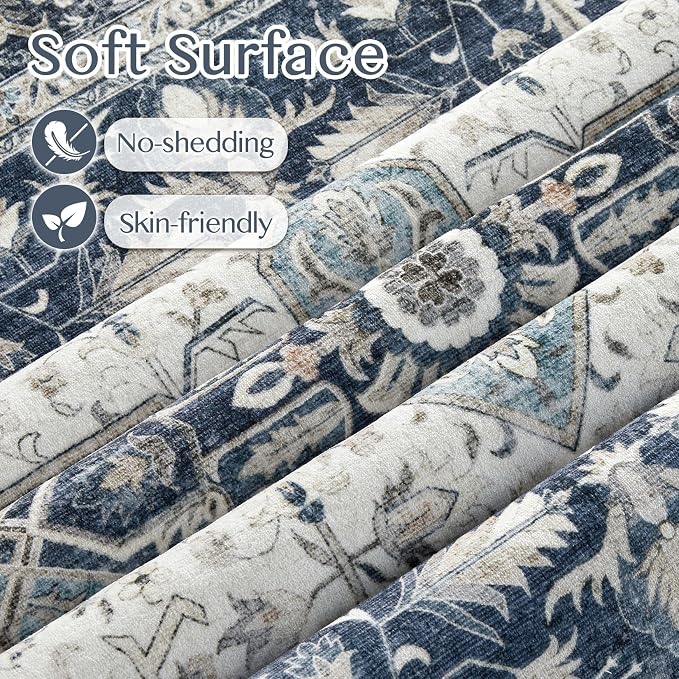 Tortania Area Rug Living Room Rugs - 3x5 Washable Rug Vintage Oriental Distressed Farmhouse Small Thin Indoor Carpet for Living Room Bedroom Under Dining Table Home Office - Indigo