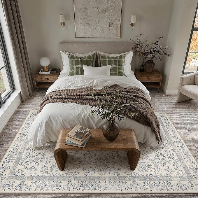 PureCozy 8x10 Blue Area Rug for Living Room Bedroom Washable Vintage Floral Carpet Low Pile Non Slip Botanical Aesthetic Large Dining Room Soft Accent Throw Rug Nursery Office Indoor