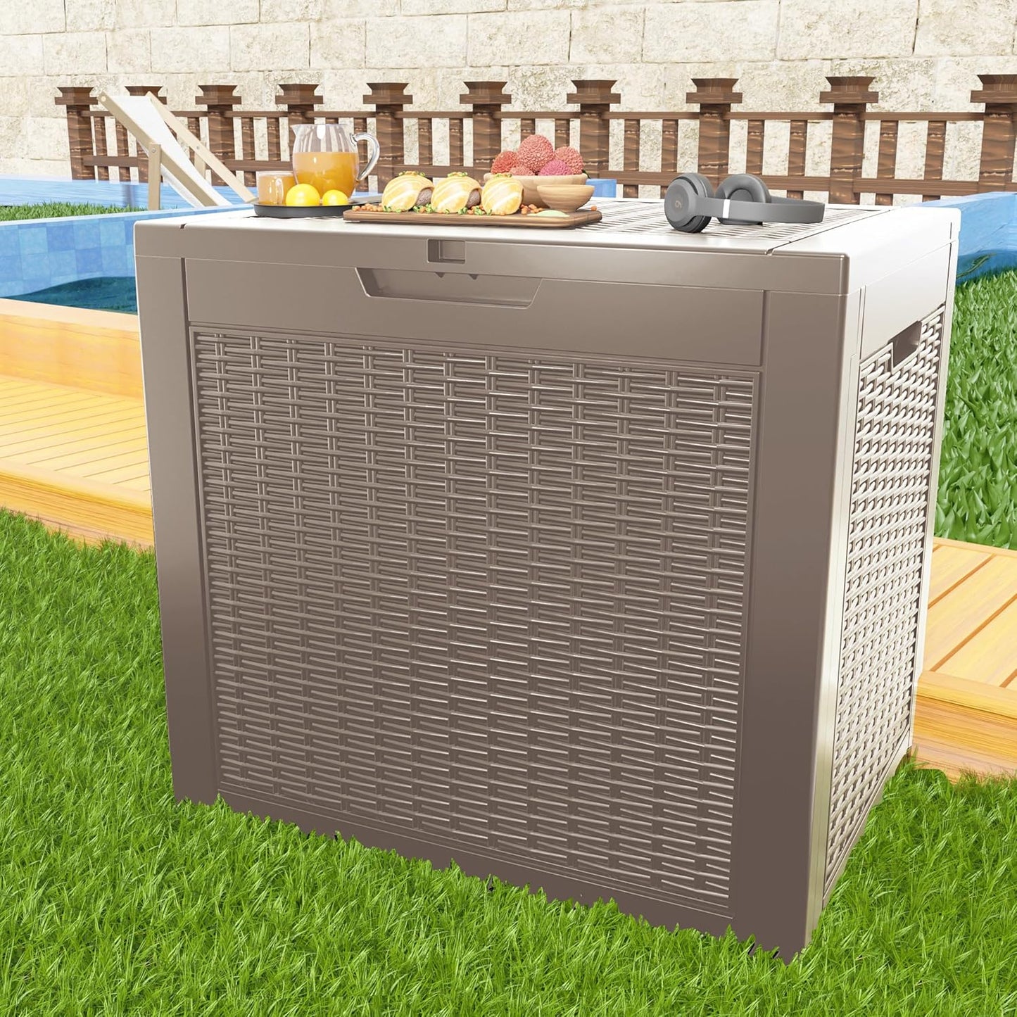 31 Gallon Outdoor Deck Box,Storage Lockable Waterproof Patio Furniture,Garden Tools,Cushions,Pool Accessories Outside Storage Resin Box(Grey)