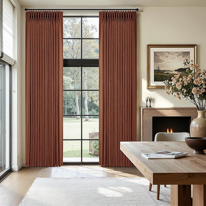 Terracotta Burnt Orange Thick Linen Curtains Pinch Pleated 84 Inch Length 2 Panels for Living Room Bedroom Semi Sheer Light Filtering Heavy Linen Drapes