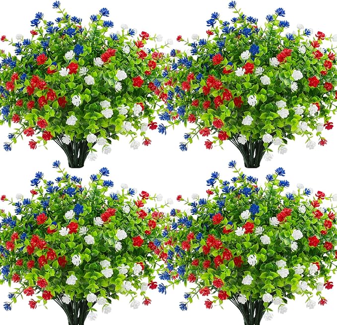 Hananona 12 Pcs Artificial Flowers Outdoor, Faux Artificial Plants UV Resistant Plastic PatrioticFlower for Hanging Planter Porch Window 4th of July Decor (12, Red, White, Blue)