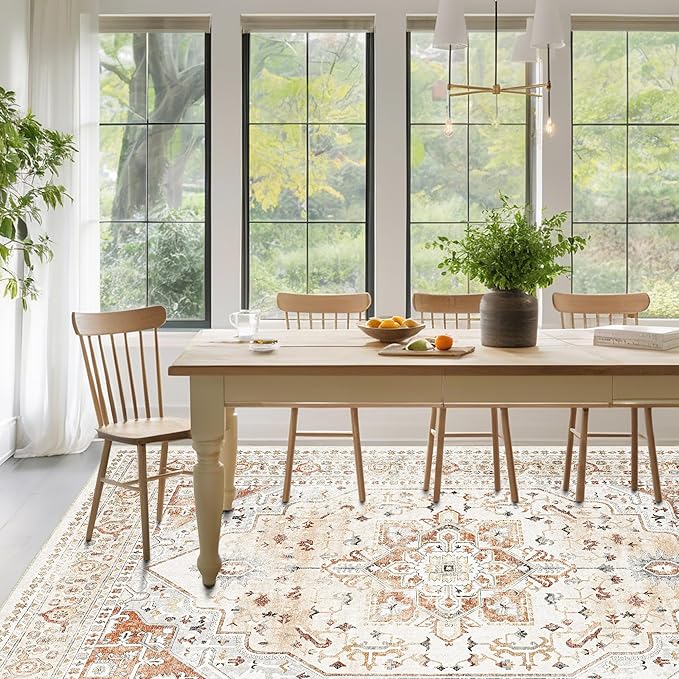 Srugn Washable Rugs 8x10 Area Rugs for Living Room,Rugs for Bedroom,Large Carpets,Ultra Soft Faux Wool Retro Dining Room Rug,Non Slip&Non-Shedding Low Pile Vintage Print Rug for Home Office,Orange