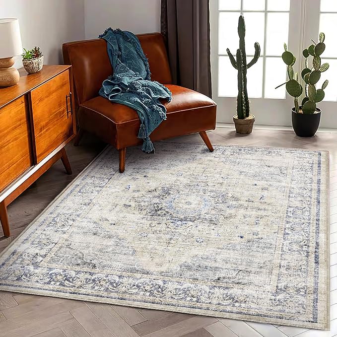 CHAMPLANT Area Rug 6'x9' Washable Floral Blue Vintage Traditional Floor Cover Thin Retro Kitchen Indoor Distressed Non Slip Carpet for Living Room Bedroom Dining Room