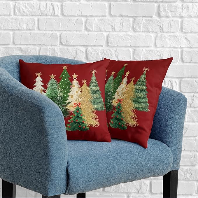Red Christmas Pillow Covers 18x18 Set of 2 Gold Green Xmas Tree Pillow Case Winter Holiday Throw Pillow Covers Double Sided Printing Decorative Cushion Case for Couch Sofa