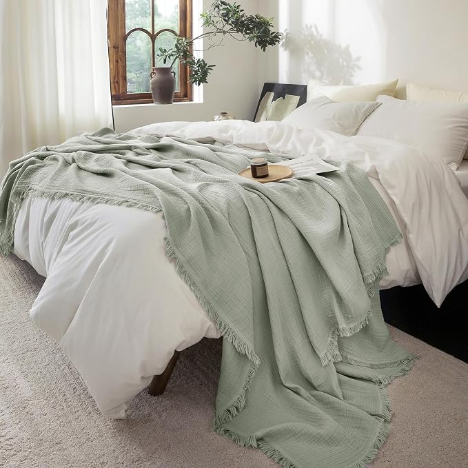 FOSSA Muslin Blanket 4-Layer 100% Cotton Gauze Blanket with Fringe 104"x90" | Super Soft Breathable Lightweight All Season & Decorative Blanket or Bed, Sofa, Office (Sage Green, King)