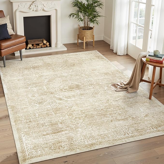 Soalmost 5x7 Area Rugs Beige Low Pile Indoor Washable Trendy Faded Style Floral Rugs for Bedroom Living Room Dining Room Foldable Non-Slip Thin Print Mat
