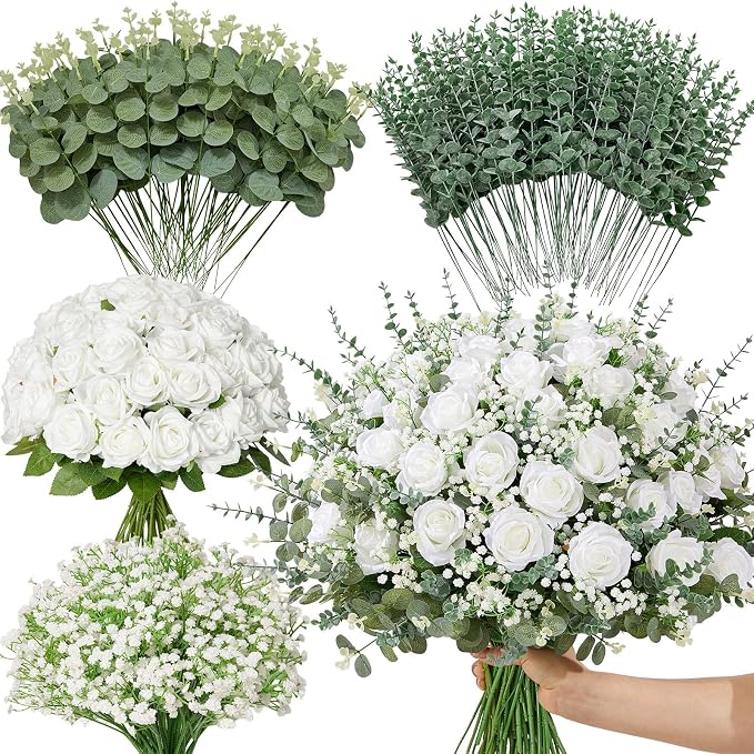 Serwalin 240 Pcs Mixed Eucalyptus Greenery Stems, White Silk Roses and Babys Breath Artificial Flowers for DIY Wedding Bouquets Home Party Arrangement Floral Vase Decor