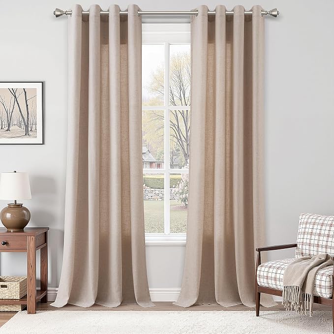 Nanspring Oatmeal Linen Curtains 96 Inches Long for Living Room Grommet Semi Sheer Light Filterinig Bedroom Window Curtain Panels Neutral Tone Modern Minimalist Room Cozy Decor 52x96,2 Panels Sets