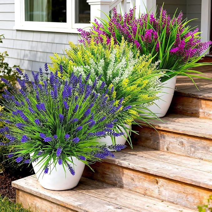 TSTWETO Artificial Plants Outdoor, 22 Pcs Fake Flowers UV Resistant Outdoor Artificial Lavender Flowers, Plastic Faux Plants for Porch Garden Planter Yard Window Box