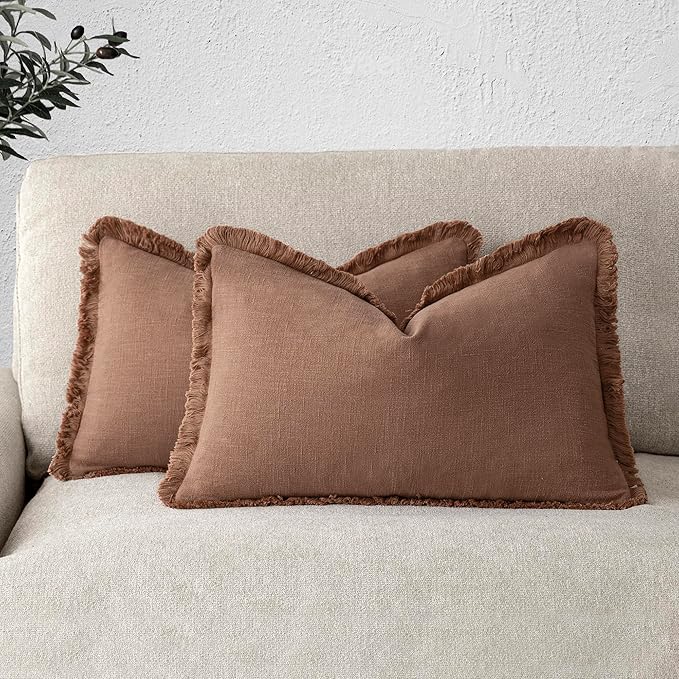 Foindtower Set of 2 Decorative Linen Fringe Throw Pillow Covers Boho Farmhouse Cushion Cover with Tassels Accent Pillowcase for Couch Bed Sofa Living Room Home Bedroom Decor, 12×24 Inch, Khaki Brown