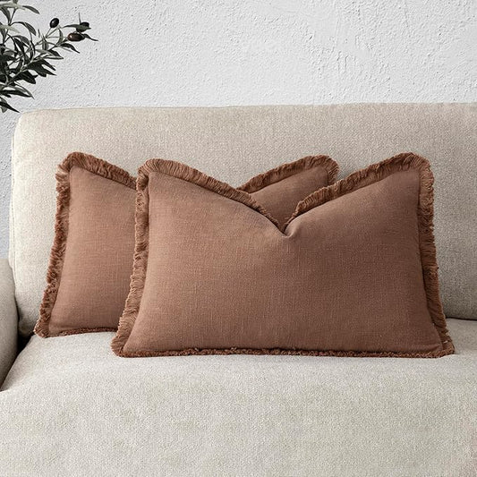 Foindtower Set of 2 Decorative Linen Fringe Throw Pillow Covers Boho Farmhouse Cushion Cover with Tassels Lumbar Accent Pillowcase for Couch Bed Sofa Living Room Home Bedroom Decor,12×24 Inch,Rust