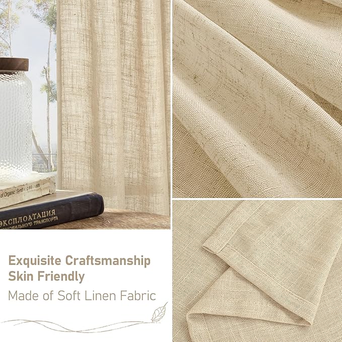 LAMIT Natural Linen Curtains 95 Inch for Living Room, Back Tab and Rod Pocket Linen Textured Semi Sheer Curtains Light Filtering Drapes for Bedroom/French Door, Set of 2, 52 x 95 Inch, Linen