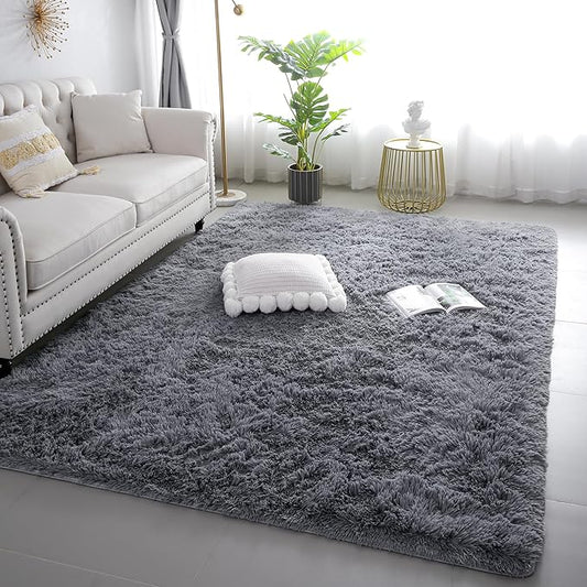 KICHOWUA 6x9 Grey Fluffy Shag Rug for Bedroom Soft Plush Fuzzy Washable Carpet for Living Room, Modern Comfy Shaggy Non Slip Floor Large Area Rugs for Kids Baby Nursery College Dorm Room, Gray