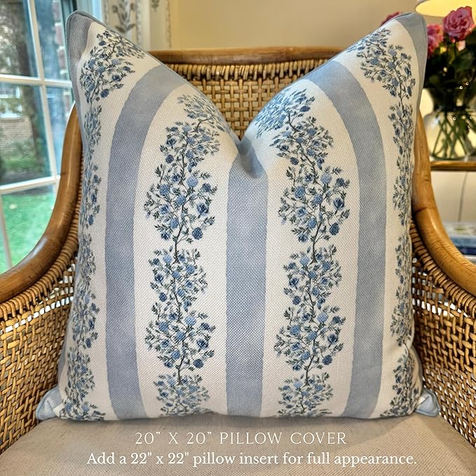 Jillien Harbor “The Juliet” Floral Block Print Pillow Cover – Soft Blue and Off-White Decorative Throw Pillow Cover – Grandmillennial Home Decor, 20" x 20"