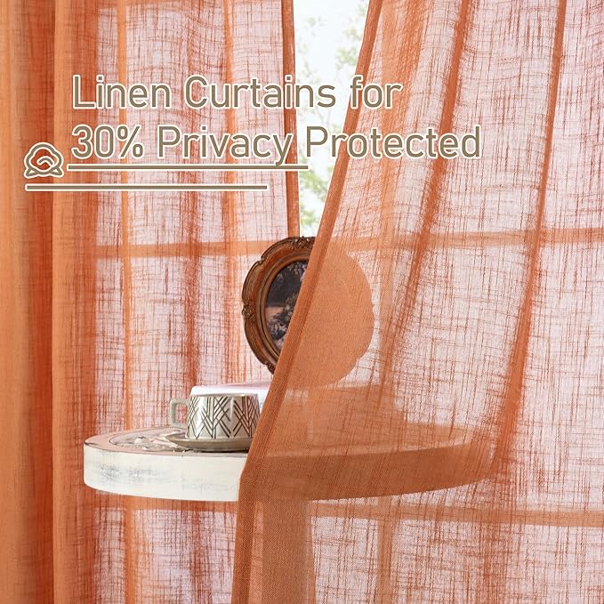 LAMIT Orange Linen Curtains 40 Inch Length, Semi Sheer Light Filtering Panels Back Tab and Rod Pocket Rust Country Decor Drapes for Small Windows/Kitchen, Burnt Orange, 2 Panels, 34 x 40 Inch