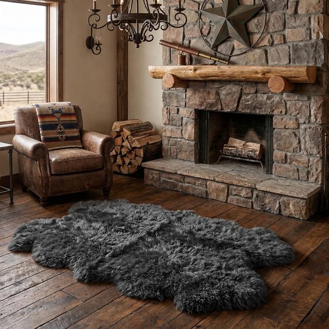 Premium 100% Genuine Sheepskin Area Rug 4x6 ft – Quad Soft & Fluffy Lambskin Rug Living Room – Made in Argentina (Grey)